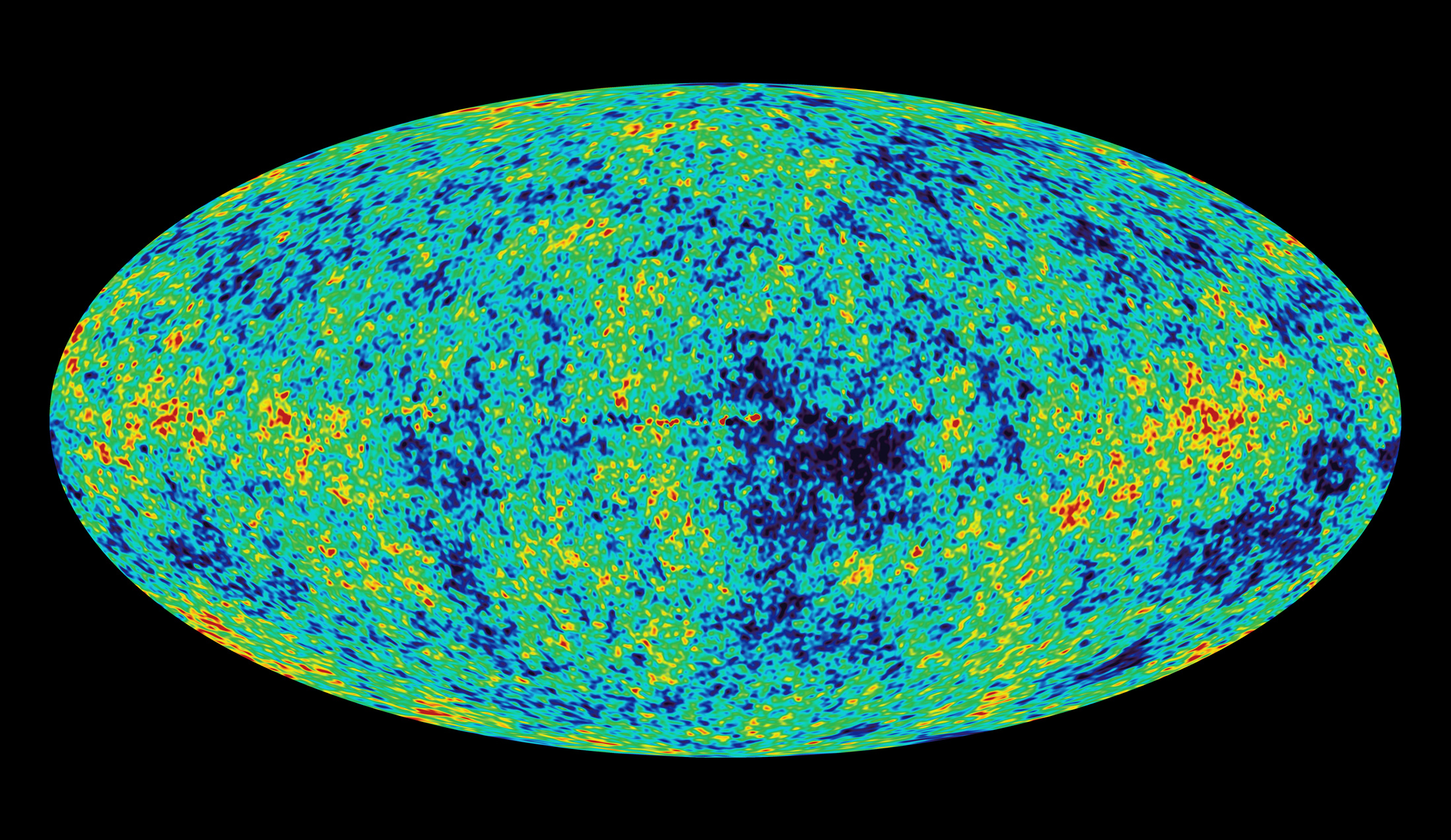 WMAP が観測した宇宙マイクロ波背景放射(CMB)の全天マップ。どの方向も同じ温度分布を示している(NASA/WMAP Science Team)